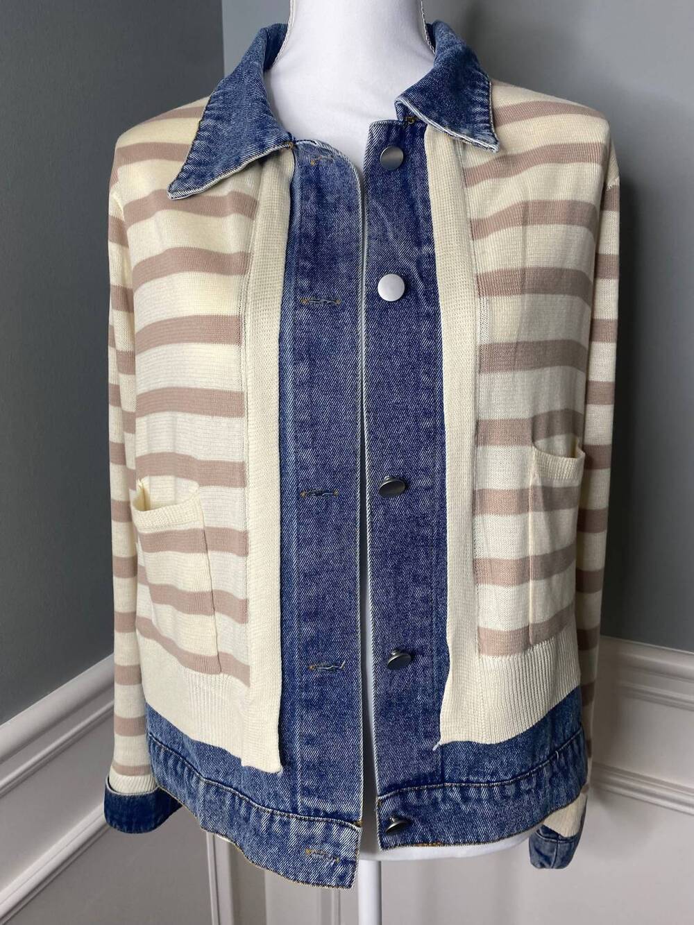 NEW HEM & THREAD women's contrast stripe jacket in denim taupe cream